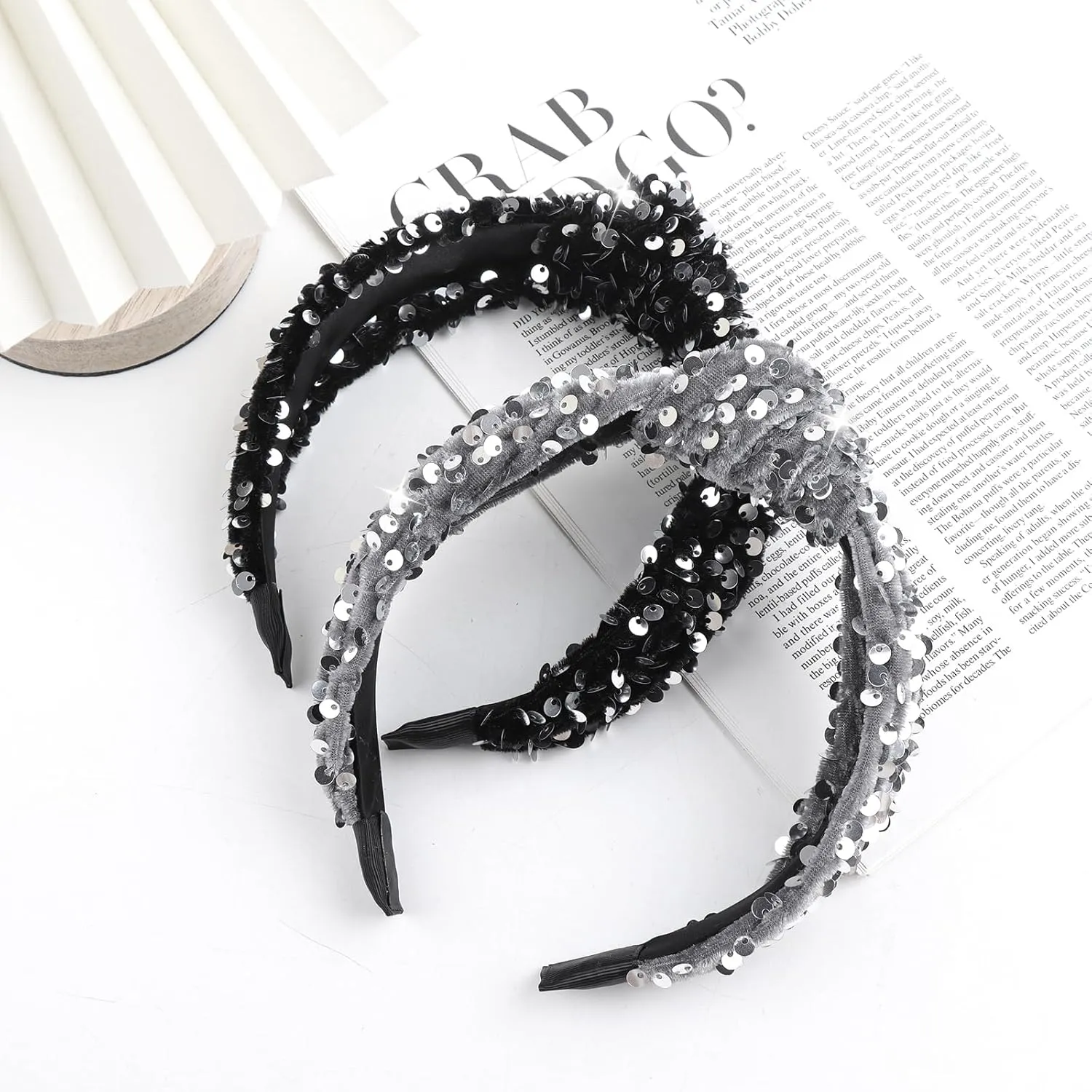 Girls Headbands Knotted Headband for Women Hair Accessories Velvet Headbands Sequins Soft Headbands Sparkly Head Bands Black Gray Glitter Hair band
