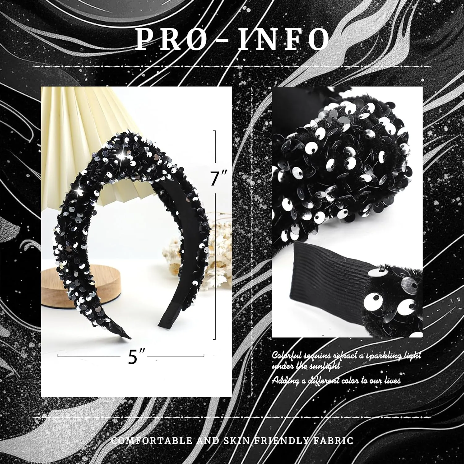 Girls Headbands Knotted Headband for Women Hair Accessories Velvet Headbands Sequins Soft Headbands Sparkly Head Bands Black Gray Glitter Hair band