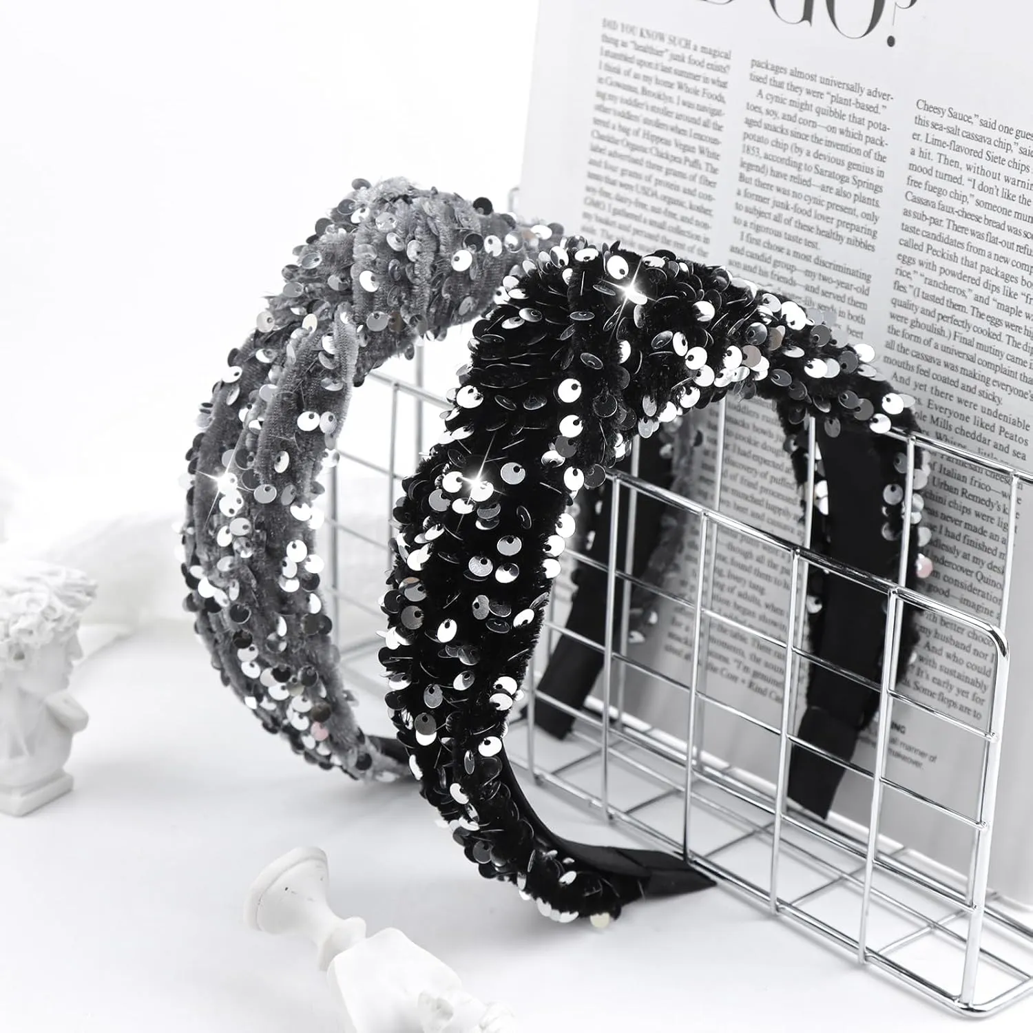 Girls Headbands Knotted Headband for Women Hair Accessories Velvet Headbands Sequins Soft Headbands Sparkly Head Bands Black Gray Glitter Hair band