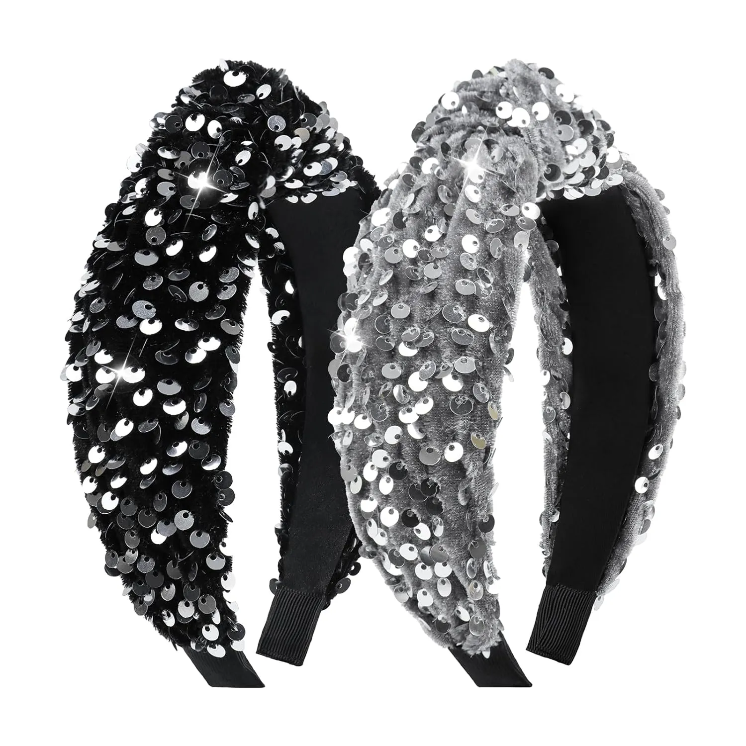 Girls Headbands Knotted Headband for Women Hair Accessories Velvet Headbands Sequins Soft Headbands Sparkly Head Bands Black Gray Glitter Hair band