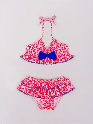 Girls Pink/Blue Animal Print Skirted Bikini with Bow