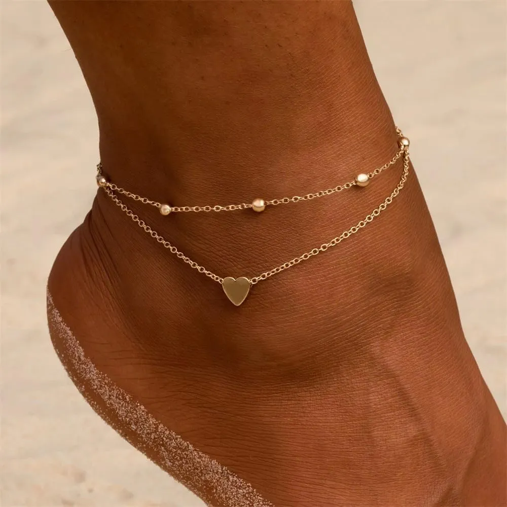 Gold Ankle Bracelet for Women Waterproof, Adjustable 14K Gold Plated Dainty Heart Satellite Bead Layered Anklets, Non Tarnish Minimalist Anklet Beach Foot Chain Jewelry Trendy Gift for Women