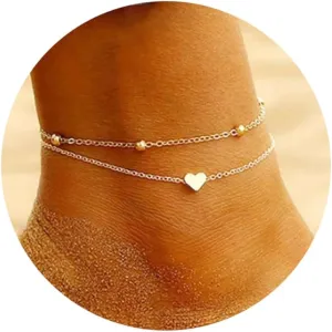 Gold Ankle Bracelet for Women Waterproof, Adjustable 14K Gold Plated Dainty Heart Satellite Bead Layered Anklets, Non Tarnish Minimalist Anklet Beach Foot Chain Jewelry Trendy Gift for Women