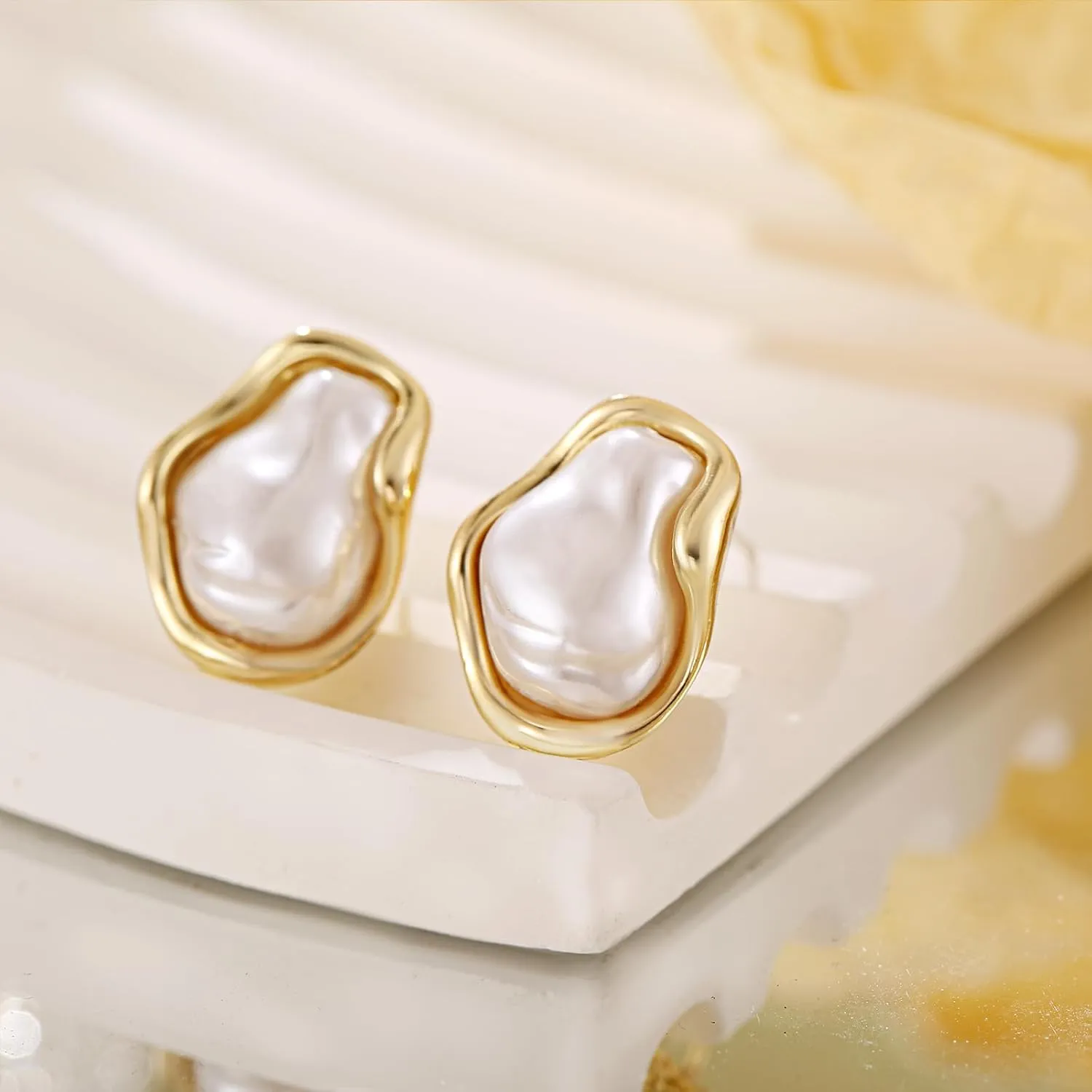 Gold Baroque Pearl Earrings Irregular Pearl Earrings Hypoallergenic for Women Jewelry