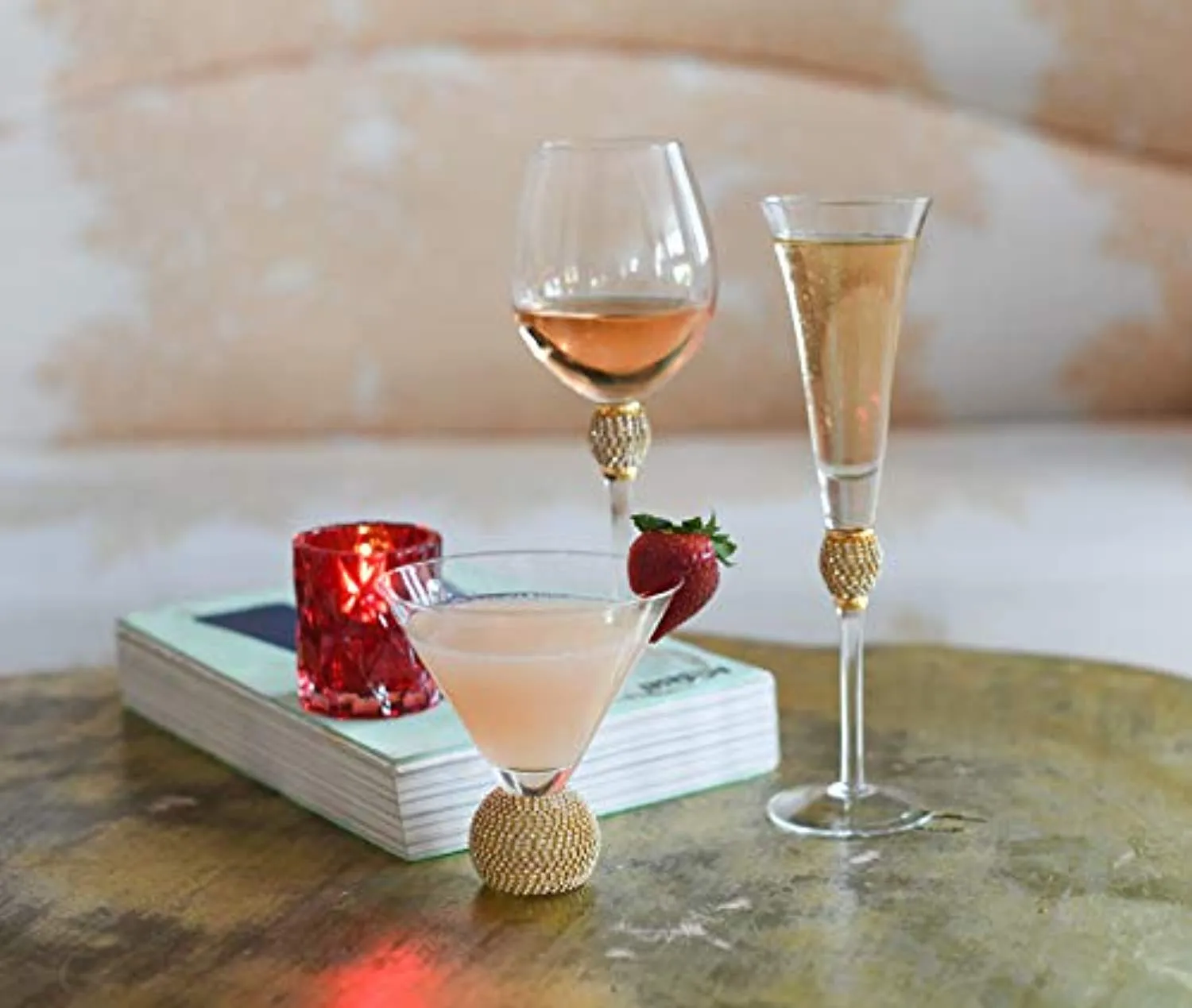 Gold Biarritz Diamond Martini Glasses, Stemless , Set of 6