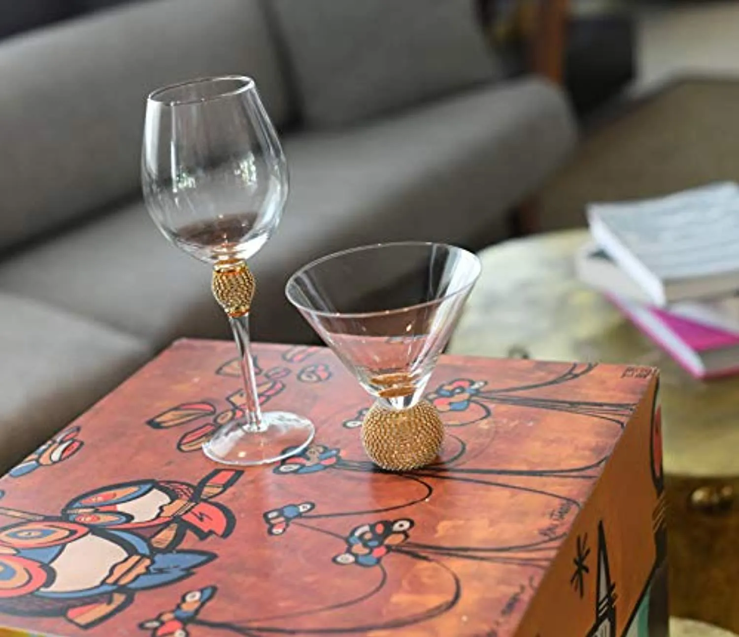 Gold Biarritz Diamond Martini Glasses, Stemless , Set of 6