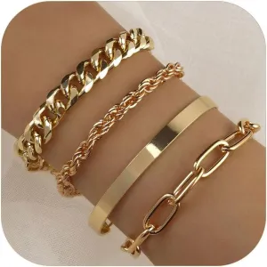Gold Bracelets Set for Women 14K Gold Chunky Bracelet Minimalist Rope Paperclip Cuba Link Bracelet Dainty Cuff Bangle Bracelet Herringbone Chain Bracelet Cute Jewelry Gifts for Women