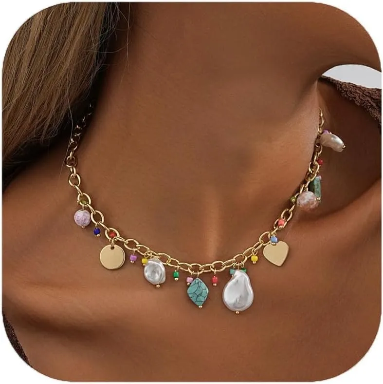 Gold Charm Necklace for Women White Pearl Choker Necklace Head Portrait Square Pendant Necklace Boho Charm Necklace Beach Necklace Jewelry for Women