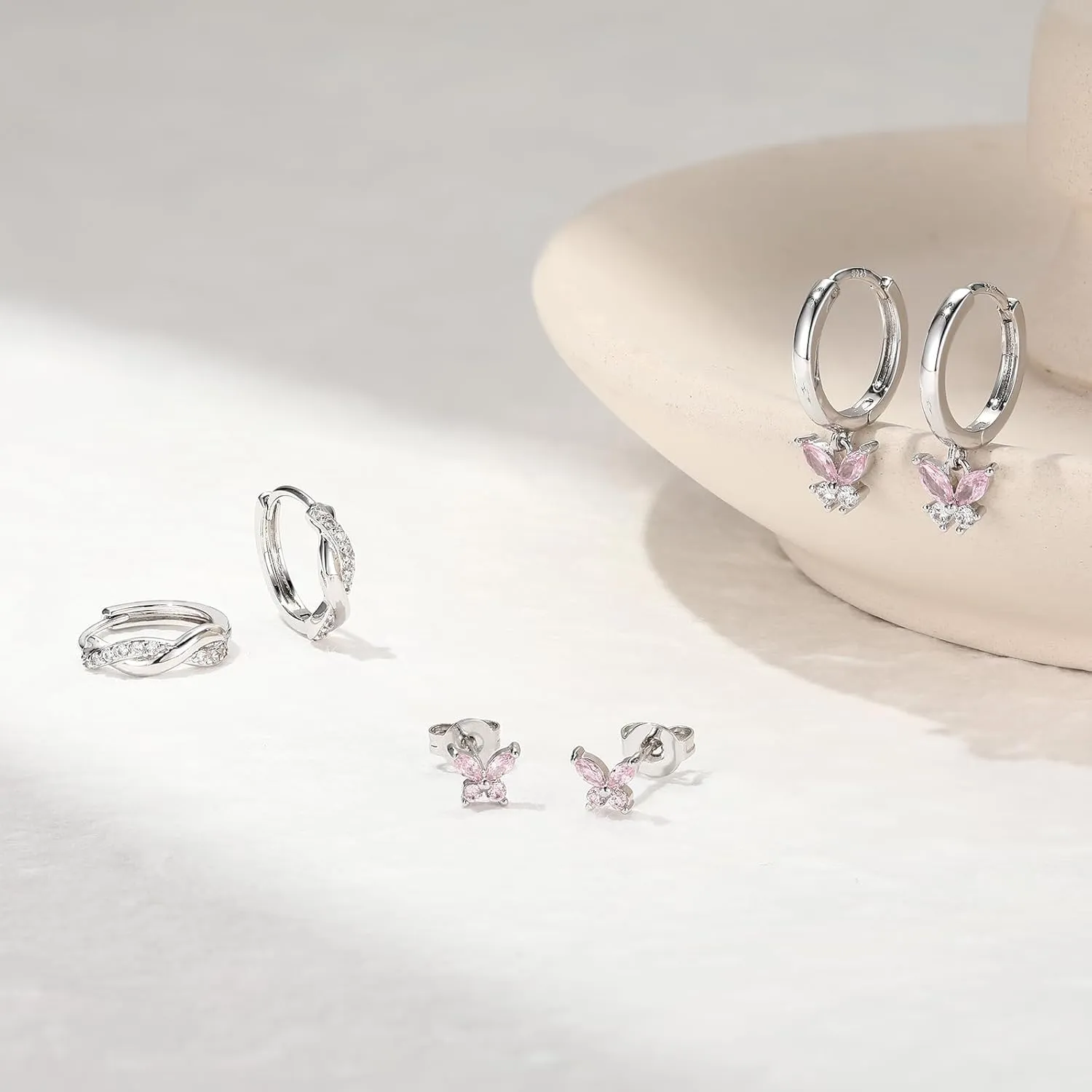 Gold Hoop Earrings Set For Women,14k 925 Sterling Silver Pink Butterfly Earrings,Dainty Hoop Earring Stacks Jewelry,Earring Set Multiple Piercings Birthday Mother's Day Gift For Mom Wife