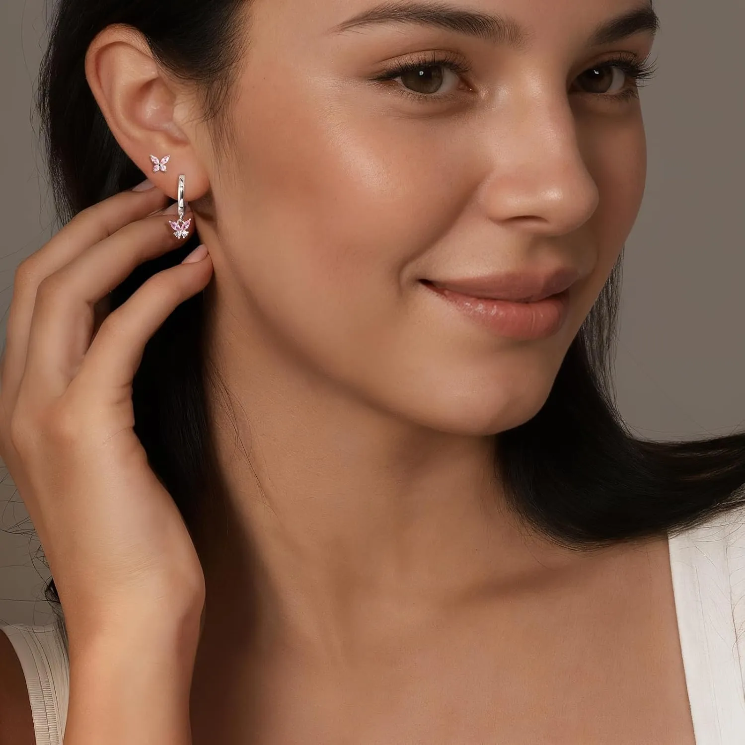 Gold Hoop Earrings Set For Women,14k 925 Sterling Silver Pink Butterfly Earrings,Dainty Hoop Earring Stacks Jewelry,Earring Set Multiple Piercings Birthday Mother's Day Gift For Mom Wife