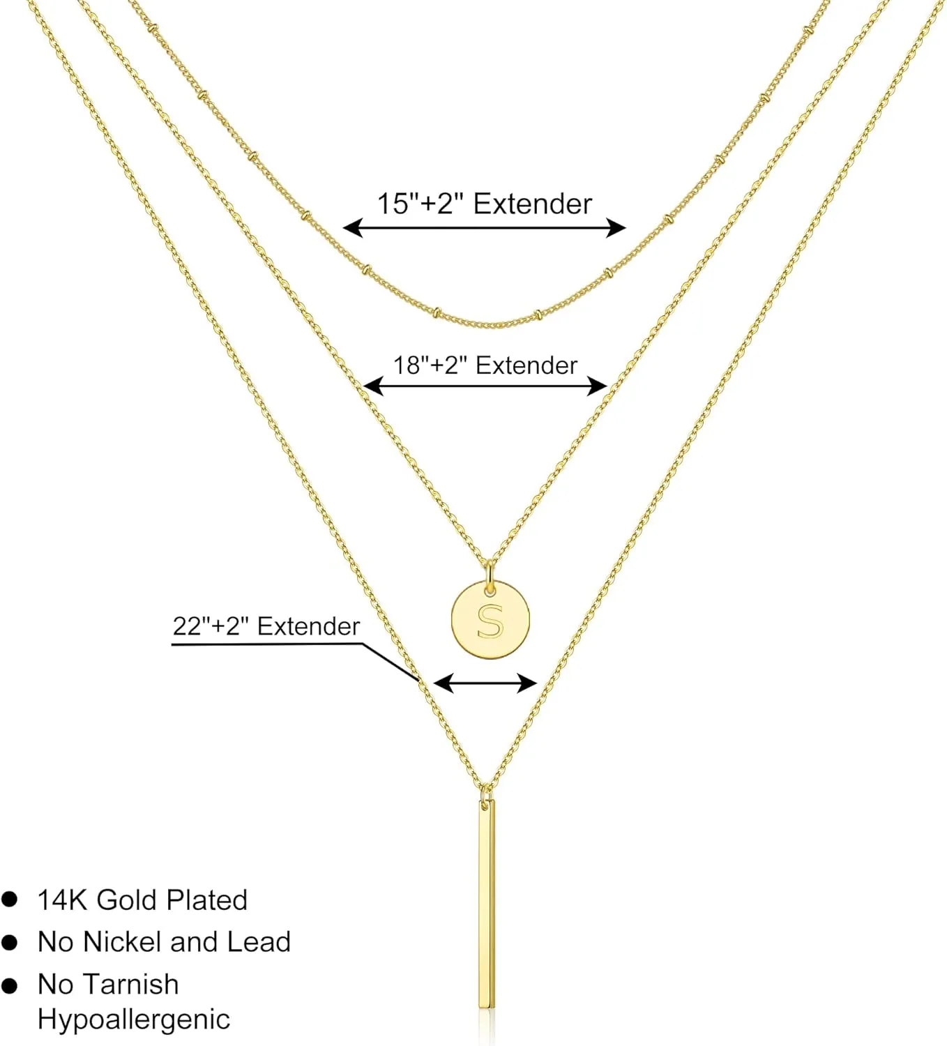 Gold Initial Layered Necklaces for Women, 14K Gold Plated Coin Letter Necklace Bar Stacking Layer Necklace Multi Bar Layering Y-Necklaces Jewelry for Women