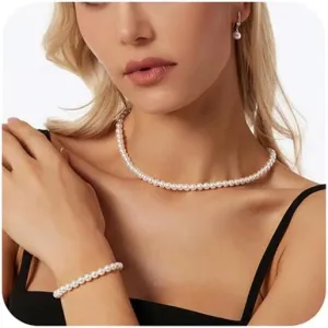 Gold Jewelry Set for Women - Dainty 14K Gold/Silver Plated Pearl Choker Necklace, Drop Earrings & Bracelets - Wedding Trendy Pearl Jewelry Gift