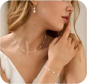 Gold Jewelry Set for Women, Dainty 14K Gold/Silver Plated Pearl Necklace and Earring Set with CZ Diamond and Pearl Drop Earrings, Bracelets, Choker Necklace - Wedding Bride Jewelry