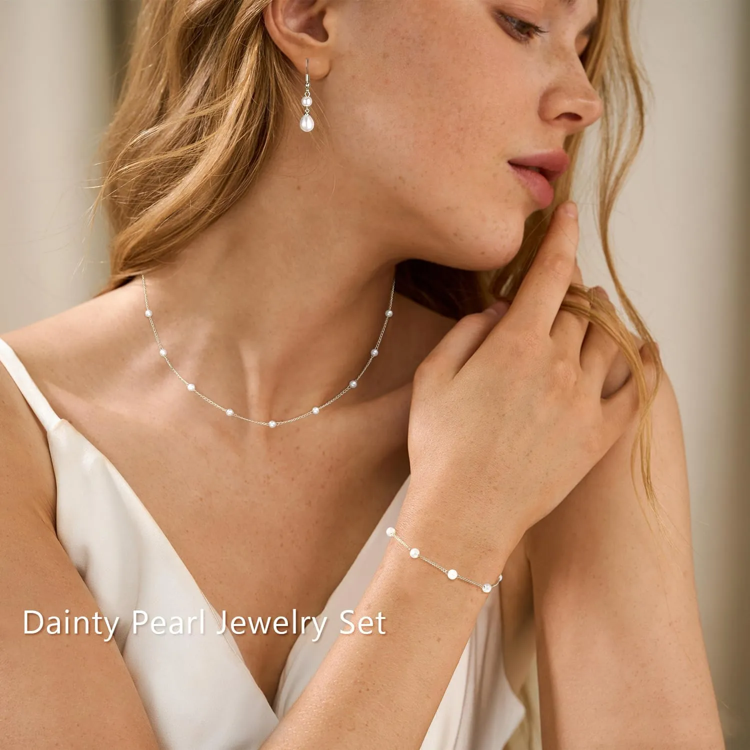 Gold Jewelry Set for Women, Dainty 14K Gold/Silver Plated Pearl Necklace and Earring Set with CZ Diamond and Pearl Drop Earrings, Bracelets, Choker Necklace - Wedding Bride Jewelry
