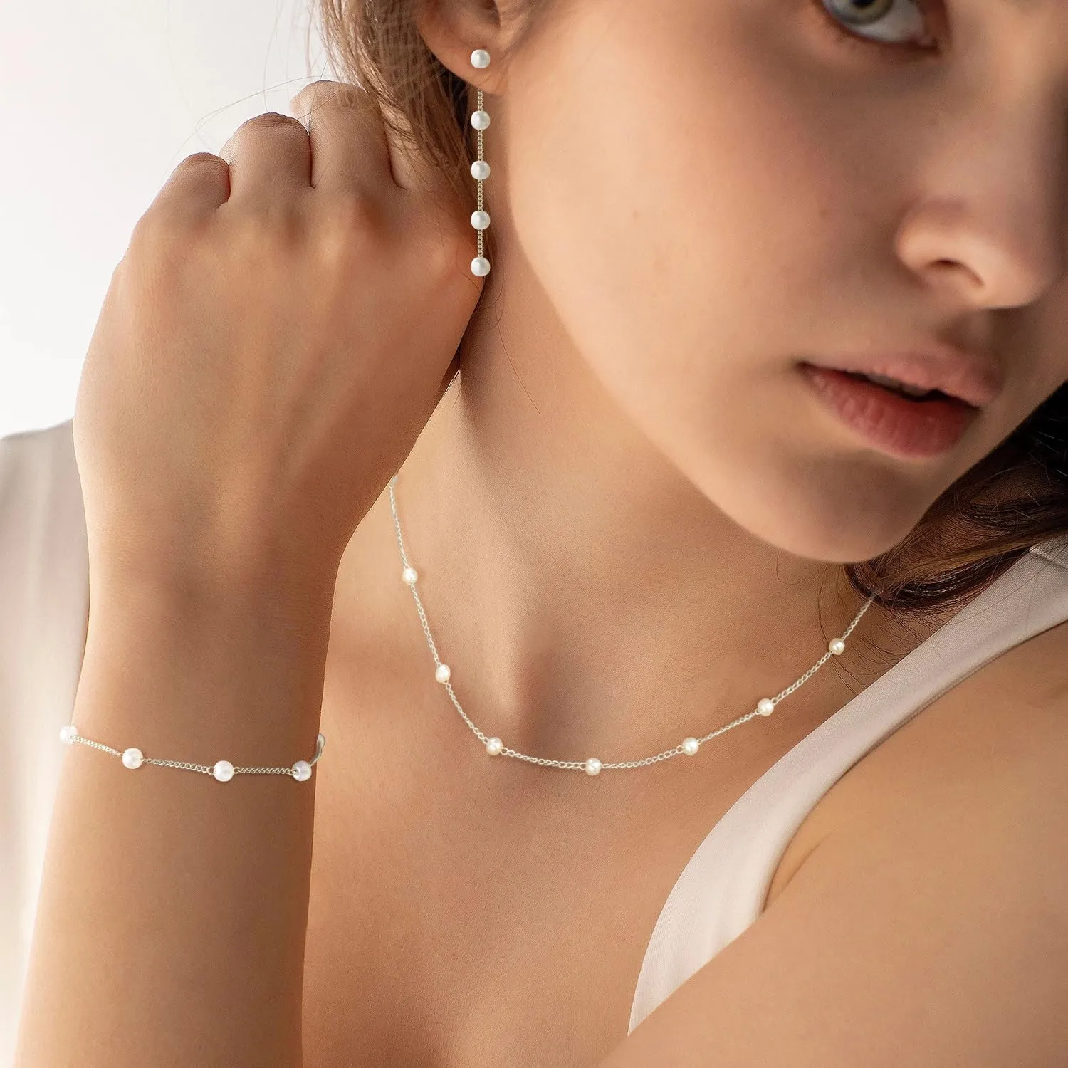 Gold Jewelry Set for Women, Dainty 14K Gold/Silver Plated Pearl Necklace and Earring Set with Drop Earrings, Bracelets, Choker Necklace - Wedding Jewelry Gift