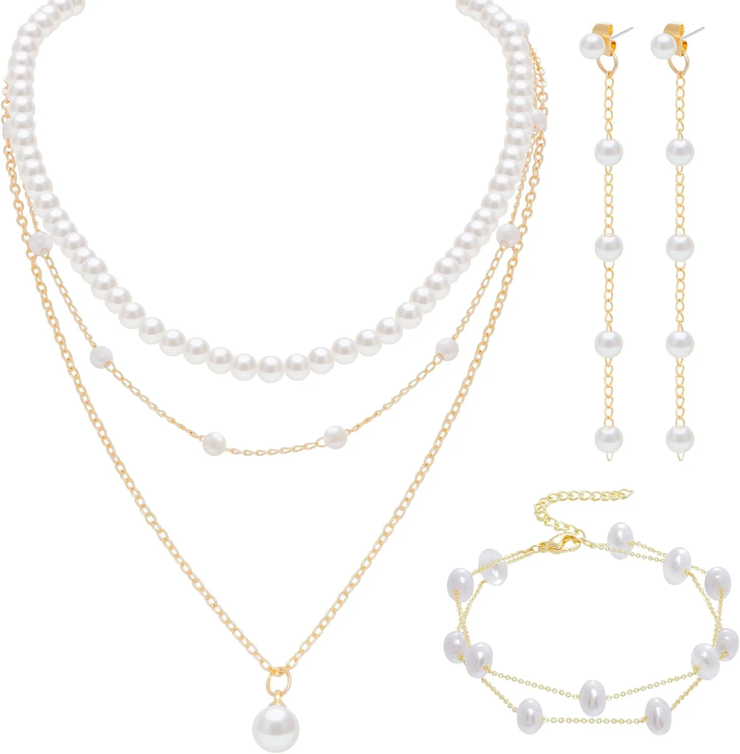 Gold Jewelry Set for Women Dainty Layered Pearl Gold Choker Necklace Pearl Drop Earrings Bracelets Wedding Jewelry Set for Mom Brides Graduation Gifts