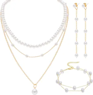 Gold Jewelry Set for Women Dainty Layered Pearl Gold Choker Necklace Pearl Drop Earrings Bracelets Wedding Jewelry Set for Mom Brides Graduation Gifts