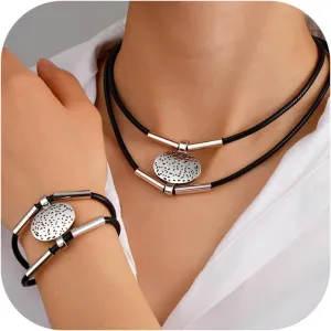 Gold Layered Black PU Leather Choker Jewelry Set for Women Western Choker Necklaces for Women Country Jewelry Boho Cowboy Necklaces Jewelry Set