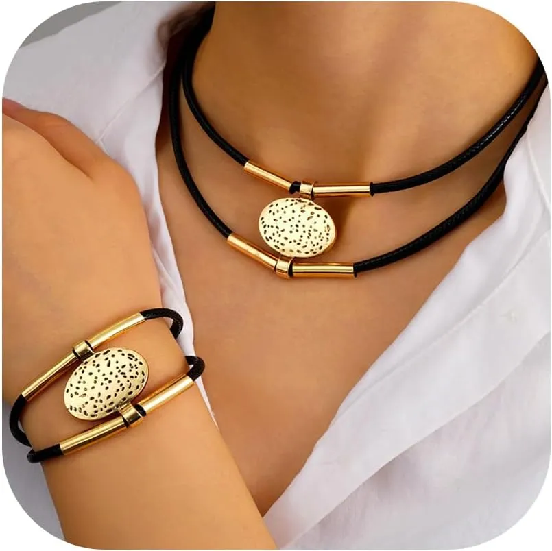 Gold Layered Black PU Leather Choker Jewelry Set for Women Western Choker Necklaces for Women Country Jewelry Boho Cowboy Necklaces Jewelry Set