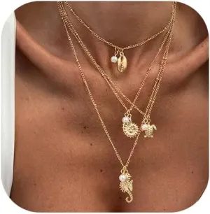 Gold Layered Necklace for Women Heart Starfish Flower Conch Pendant Necklace Gold Statement Choker Jewelry