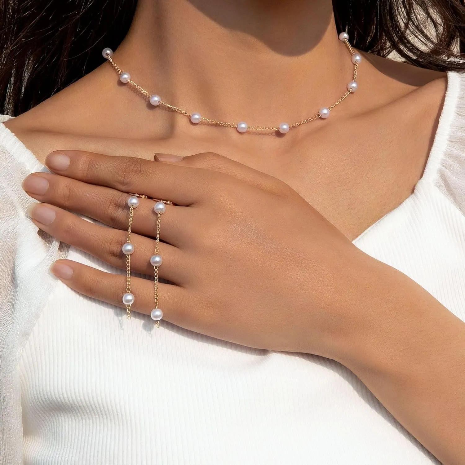 Gold Pearl Necklace, Earrings, and Bracelet Set - Dainty Wedding Pearl Jewelry