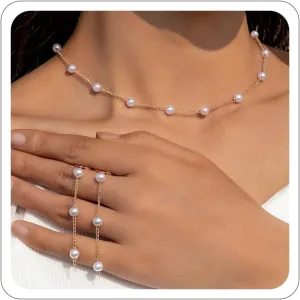 Gold Pearl Necklace, Earrings, and Bracelet Set - Dainty Wedding Pearl Jewelry