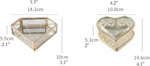 Gold-Plated Glass Jewelry Box, Heart & Diamond Shaped Jewelry Organizer Case with Mirror Bottom, Clear Metal Trinket Box for Rings, Earrings, Necklaces