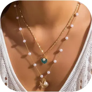 Gold Shell Necklace for Women Trendy Layered Seashell Pearl Pendant Necklaces Set Boho Starfish Beach Necklaces Stack Beachy Summer Jewelry Gifts