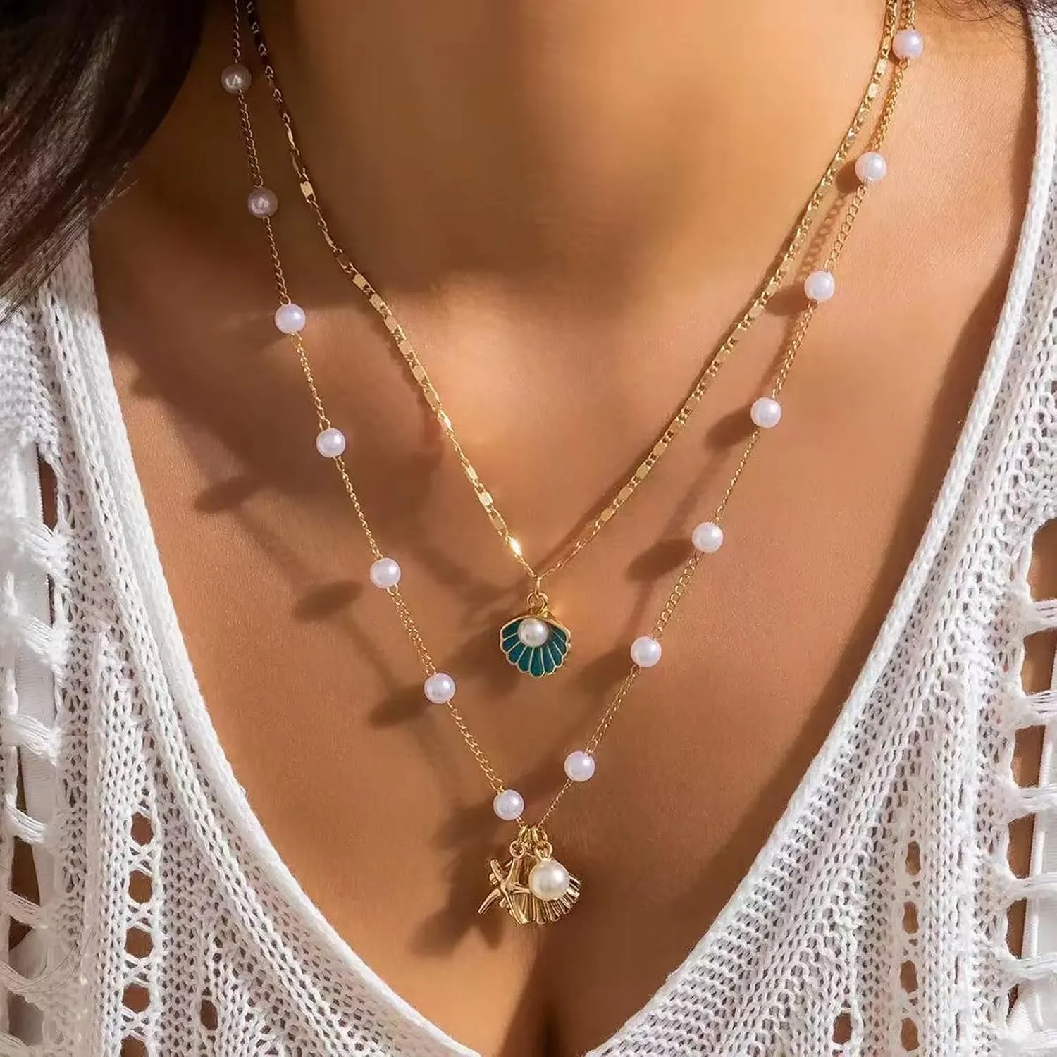 Gold Shell Necklace for Women Trendy Layered Seashell Pearl Pendant Necklaces Set Boho Starfish Beach Necklaces Stack Beachy Summer Jewelry Gifts