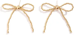 Gold Silver Bead Bow Earrings for Women Delicate Ribbon Bead Stud Earrings Jewelry