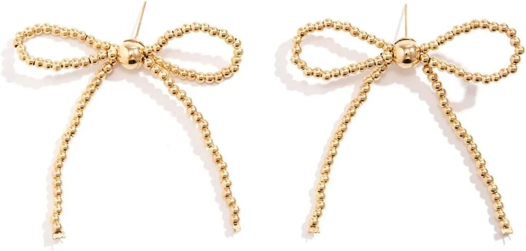 Gold Silver Bead Bow Earrings for Women Delicate Ribbon Bead Stud Earrings Jewelry
