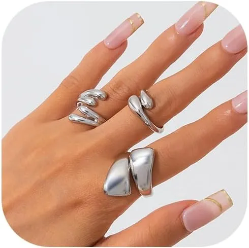 Gold Stackable Rings for Women Statement Stacking Rings Set Fashion Open Adjustable Water Drop Dome Chunky Ring Gold Plated Jewelry