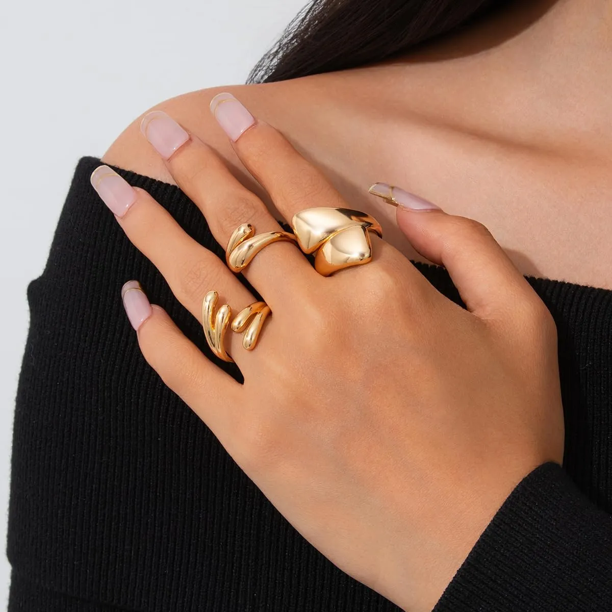 Gold Stackable Rings for Women Statement Stacking Rings Set Fashion Open Adjustable Water Drop Dome Chunky Ring Gold Plated Jewelry