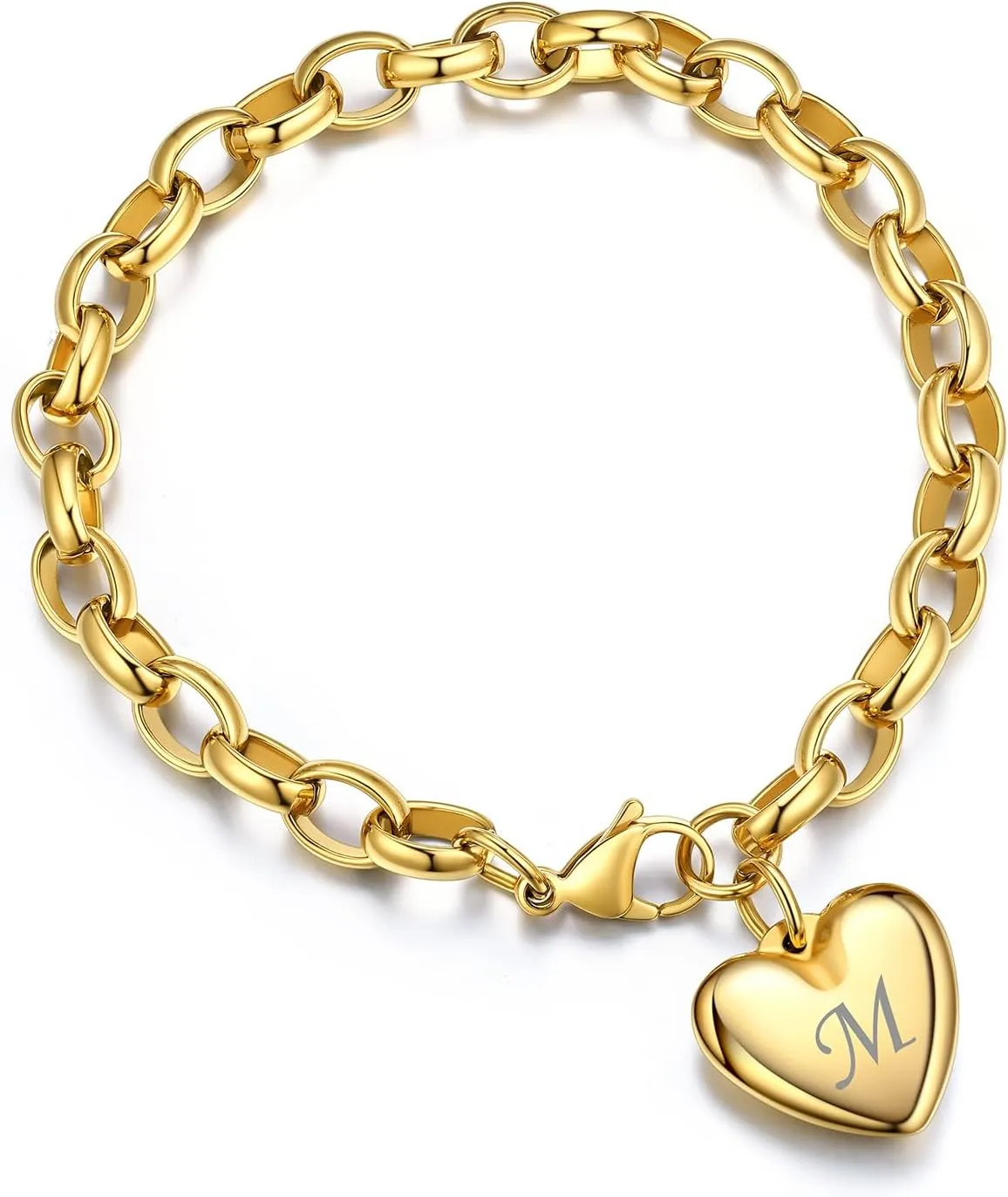 GOLDCHIC JEWELRY Heart Charm Bracelet Adjustable For Women, Stainless Steel Initial Cable Link Letters Mother Daughter Bracelets Jewelry Gifts for Mom (With Box)