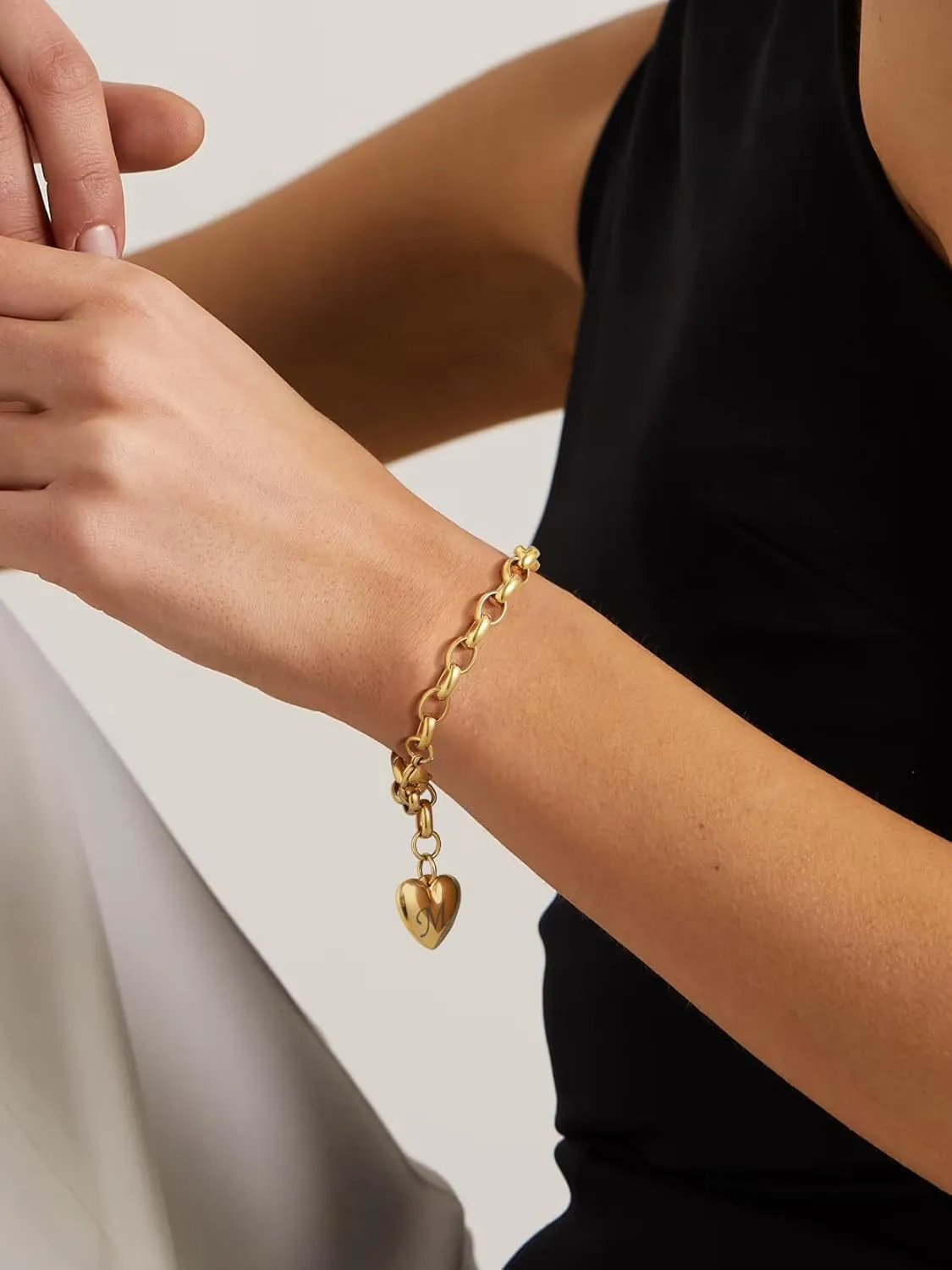 GOLDCHIC JEWELRY Heart Charm Bracelet Adjustable For Women, Stainless Steel Initial Cable Link Letters Mother Daughter Bracelets Jewelry Gifts for Mom (With Box)