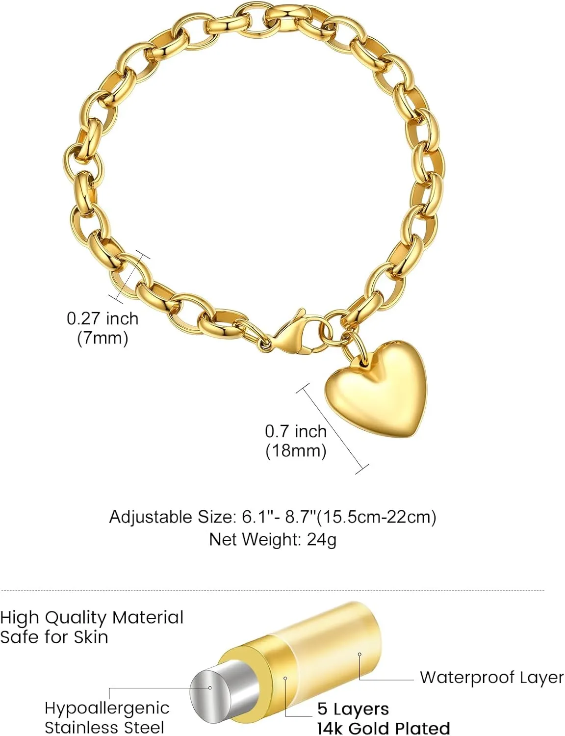 GOLDCHIC JEWELRY Heart Charm Bracelet Adjustable For Women, Stainless Steel Initial Cable Link Letters Mother Daughter Bracelets Jewelry Gifts for Mom (With Box)