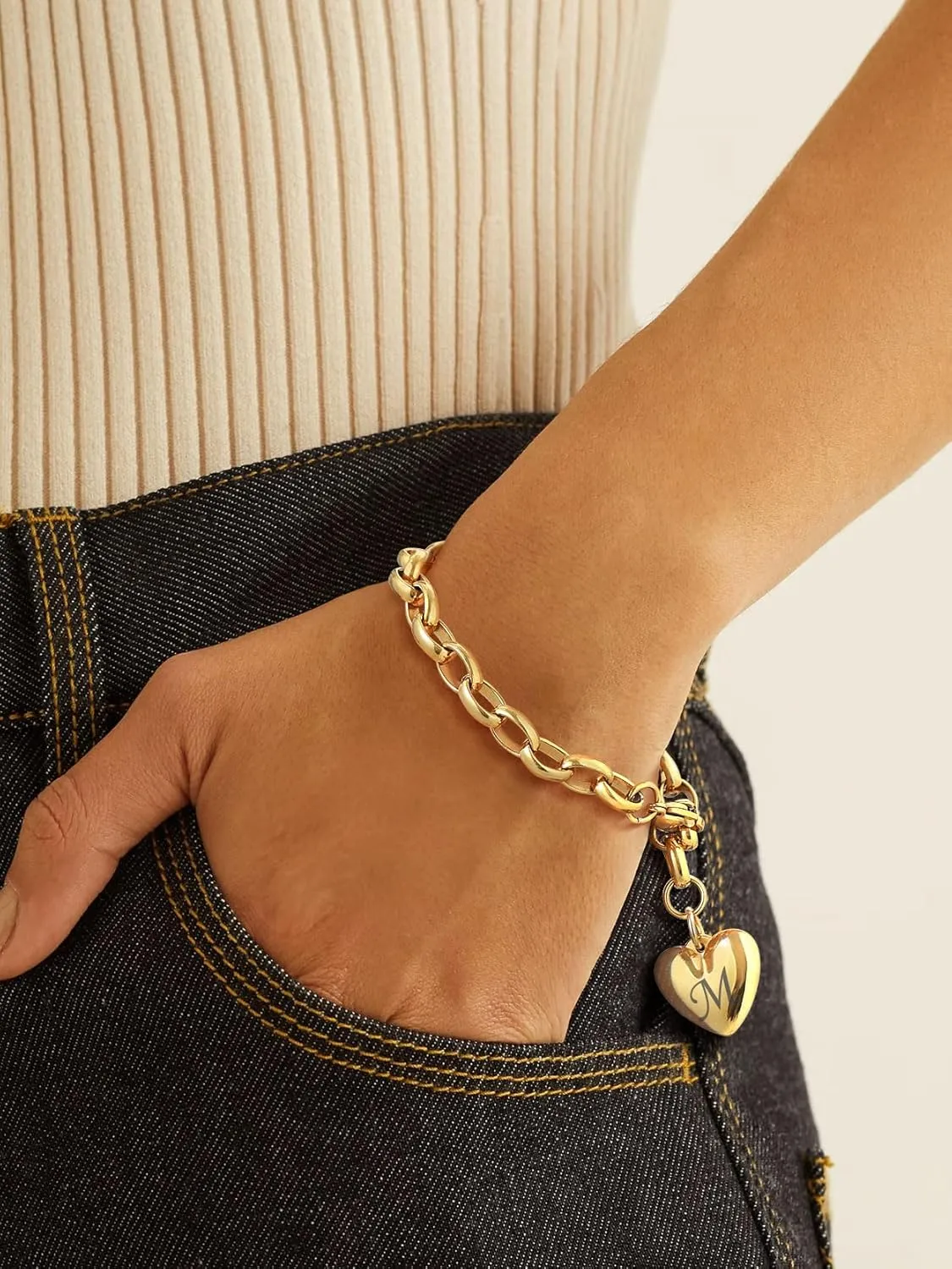 GOLDCHIC JEWELRY Heart Charm Bracelet Adjustable For Women, Stainless Steel Initial Cable Link Letters Mother Daughter Bracelets Jewelry Gifts for Mom (With Box)