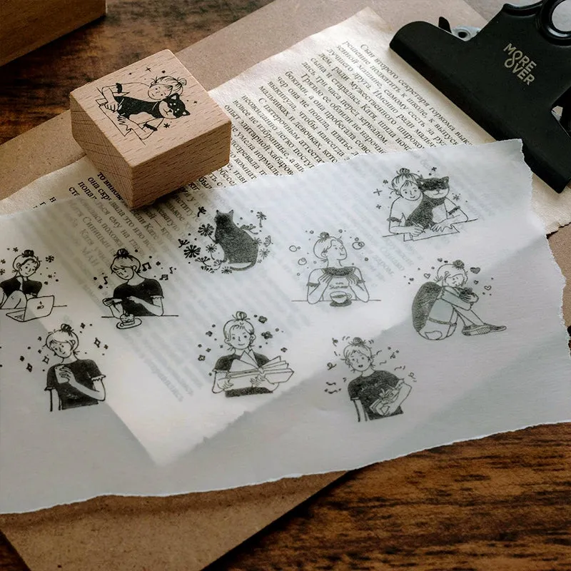 Good Day Cartoon Character Cat Wooden Rubber Stamp