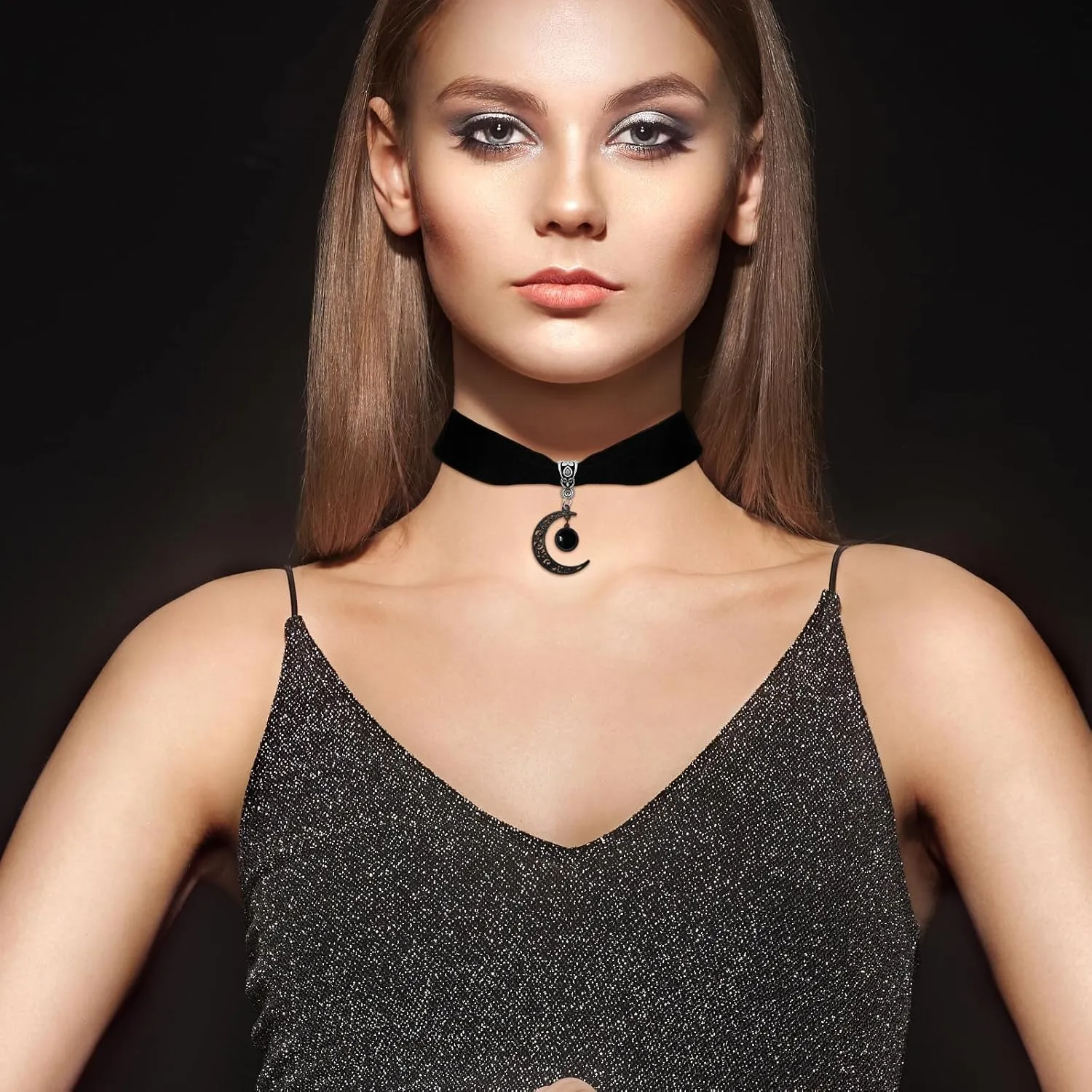 Gothic Black Velvet Moon Crystal Choker Necklace for Women,Black Choker Moon Necklace Vintage Punk Crescent Necklaces Goth Jewelry Witch Costume Accessories