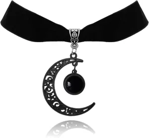 Gothic Black Velvet Moon Crystal Choker Necklace for Women,Black Choker Moon Necklace Vintage Punk Crescent Necklaces Goth Jewelry Witch Costume Accessories