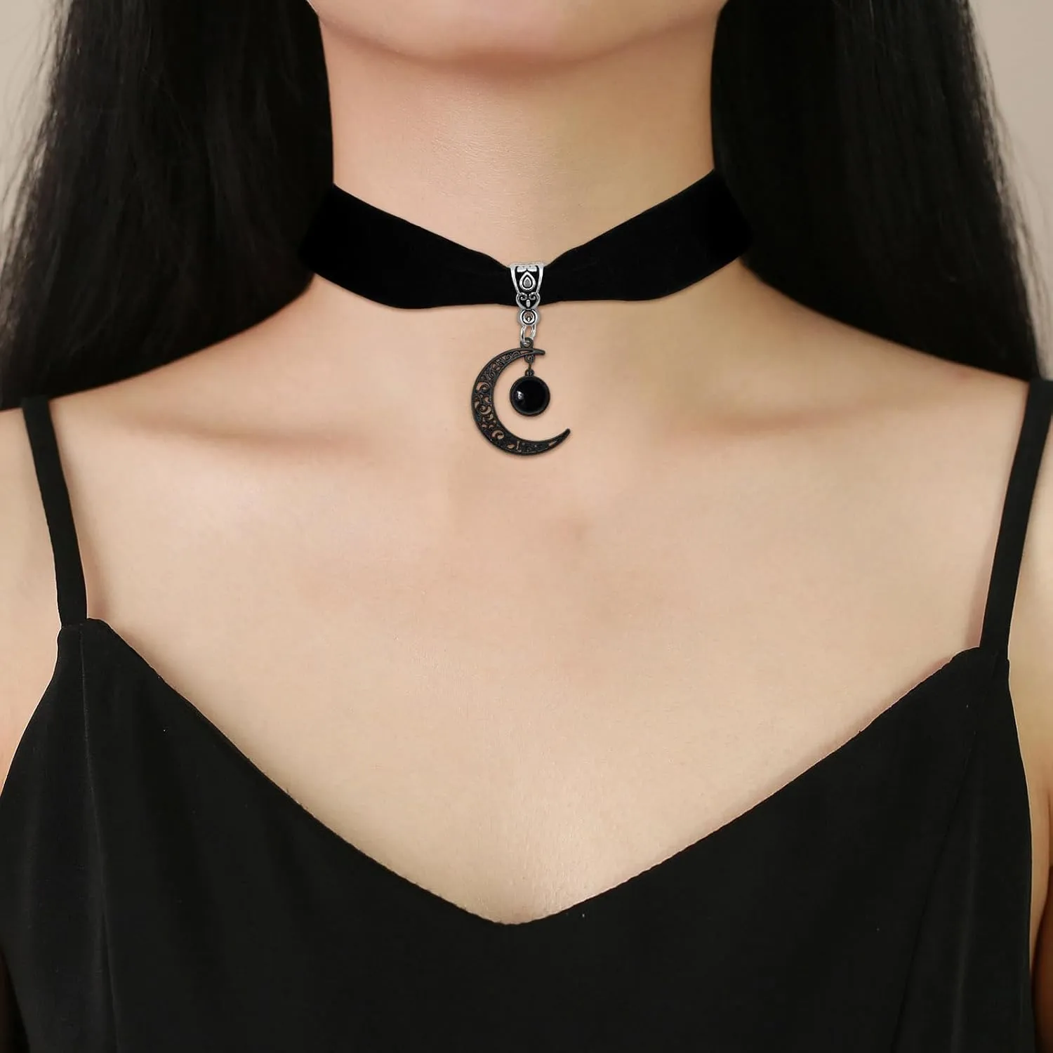 Gothic Black Velvet Moon Crystal Choker Necklace for Women,Black Choker Moon Necklace Vintage Punk Crescent Necklaces Goth Jewelry Witch Costume Accessories