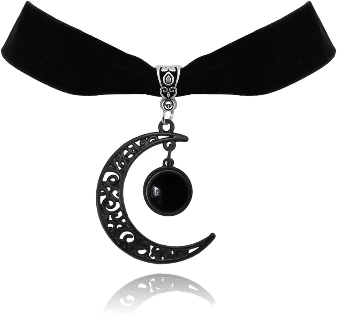 Gothic Black Velvet Moon Crystal Choker Necklace for Women,Black Choker Moon Necklace Vintage Punk Crescent Necklaces Goth Jewelry Witch Costume Accessories