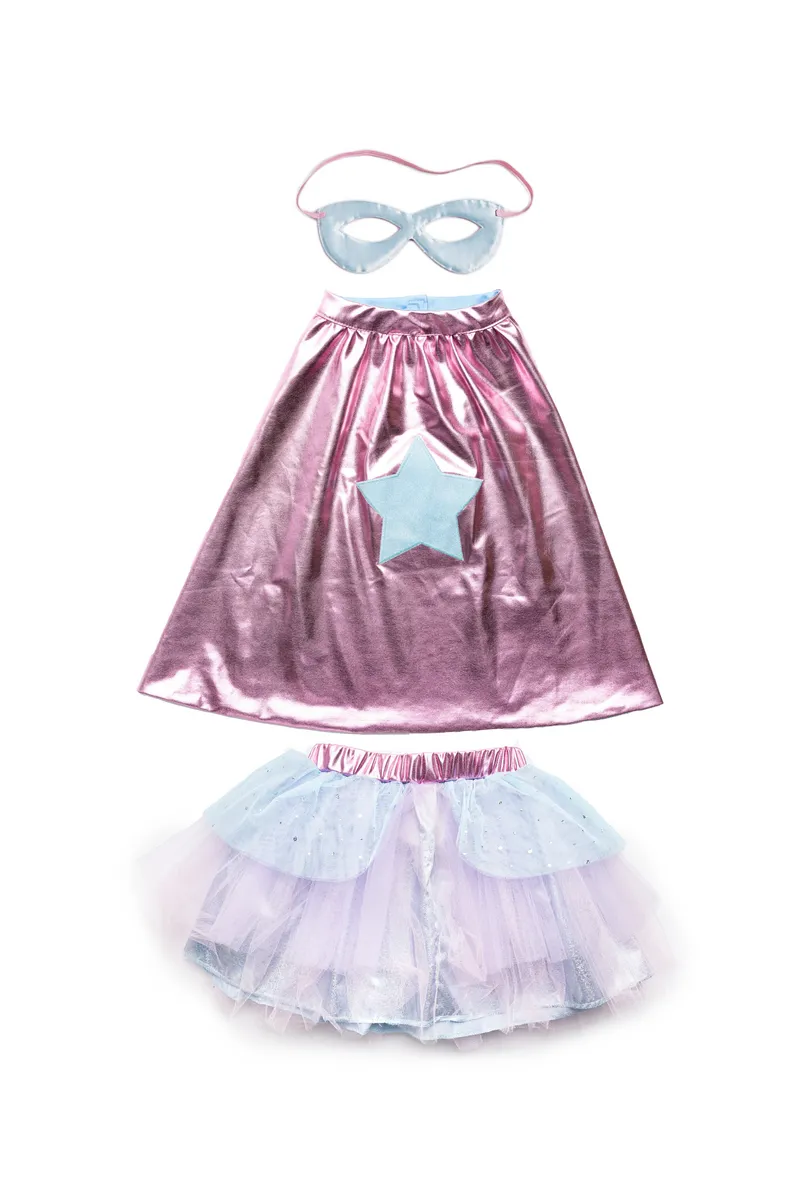 Great Pretenders Super-Duper Tutu/Cape/Mask, Metallic Pink/Light Blue, Size 4-6