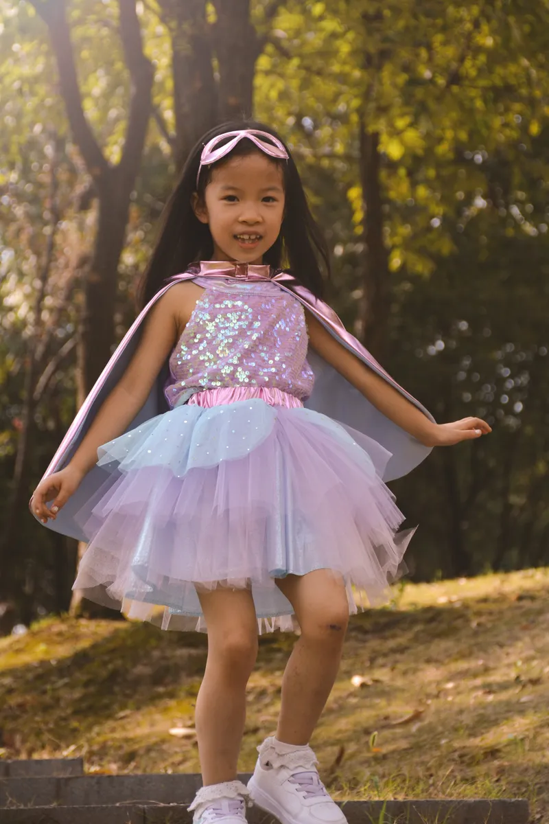 Great Pretenders Super-Duper Tutu/Cape/Mask, Metallic Pink/Light Blue, Size 4-6