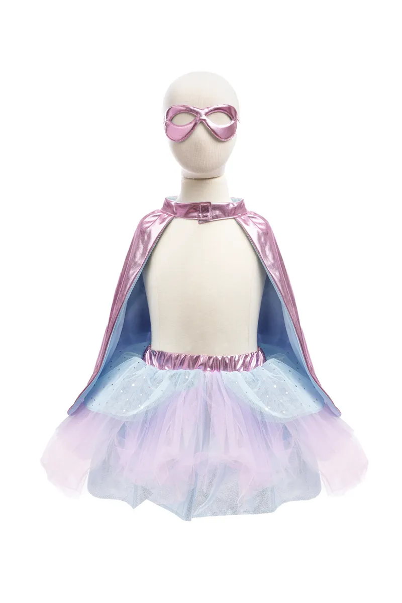 Great Pretenders Super-Duper Tutu/Cape/Mask, Metallic Pink/Light Blue, Size 4-6