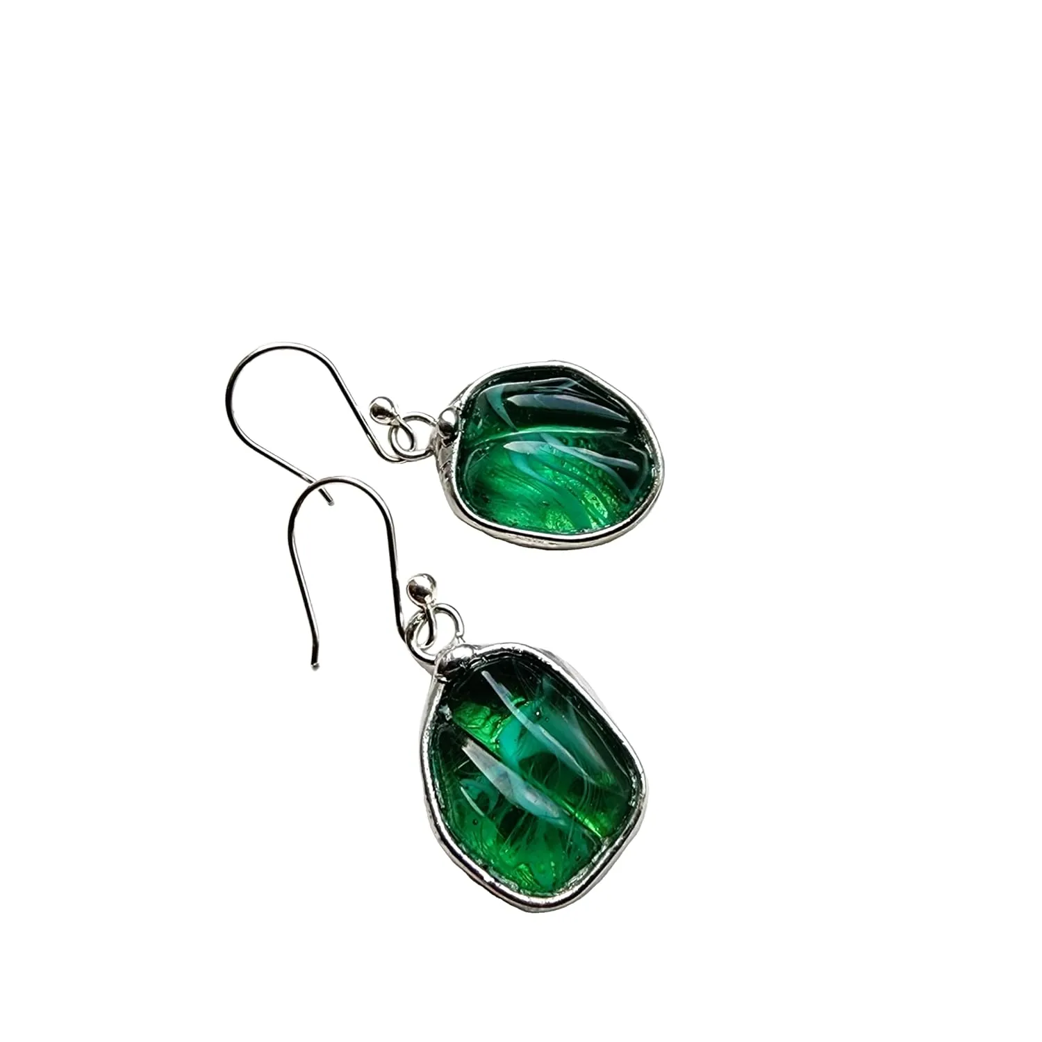 Green Glass Earrings for Women, Vintage Nugget Bead, .925 Sterling Silver Ear Wires, Artisan Hand Crafted by Bayou Glass Arts