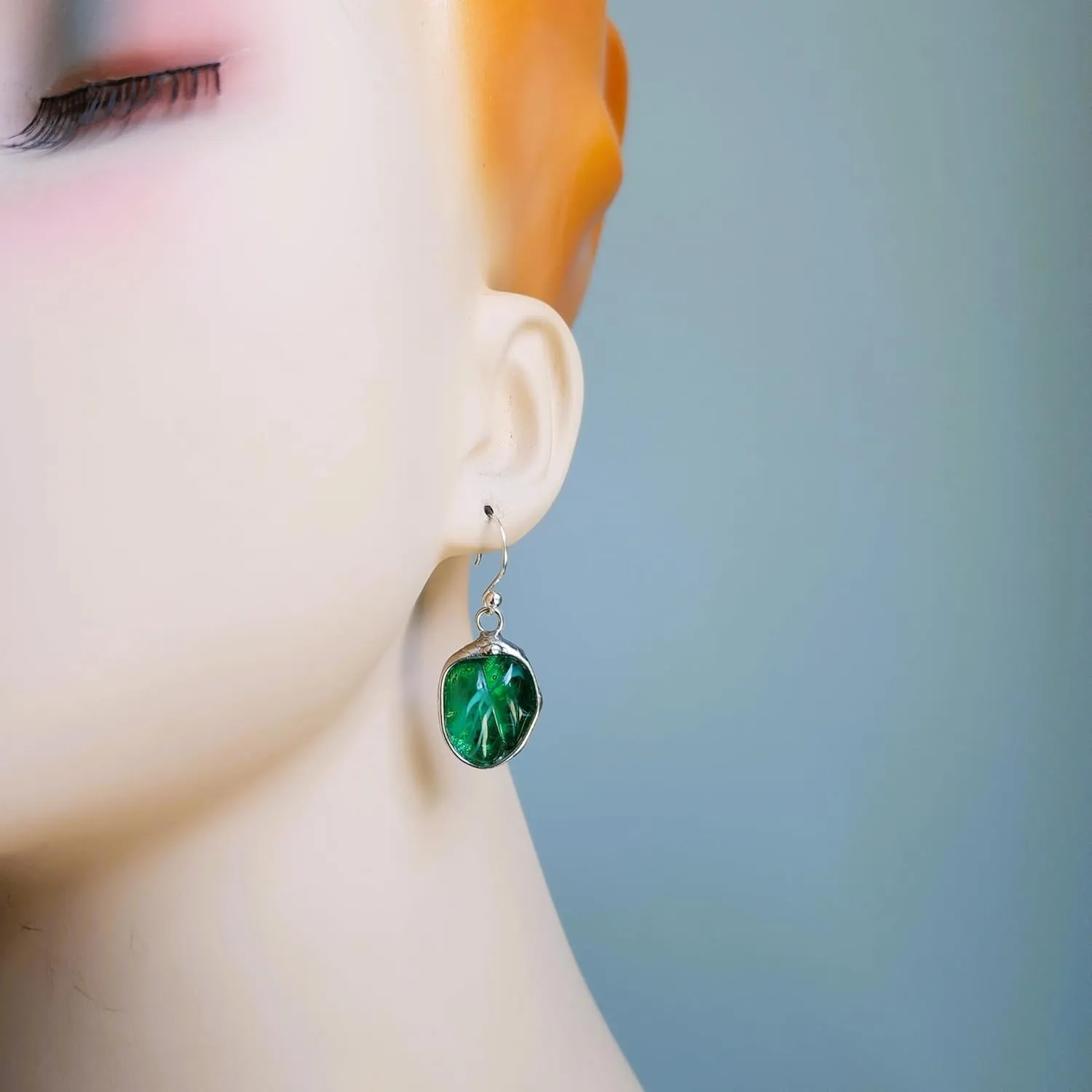 Green Glass Earrings for Women, Vintage Nugget Bead, .925 Sterling Silver Ear Wires, Artisan Hand Crafted by Bayou Glass Arts