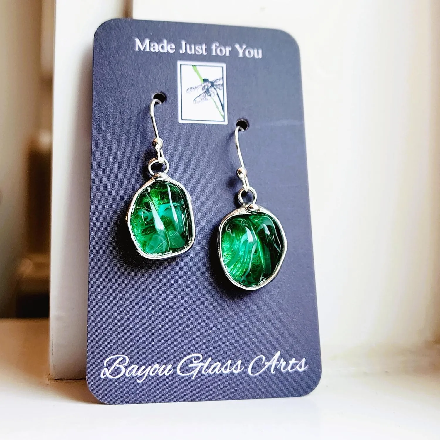 Green Glass Earrings for Women, Vintage Nugget Bead, .925 Sterling Silver Ear Wires, Artisan Hand Crafted by Bayou Glass Arts