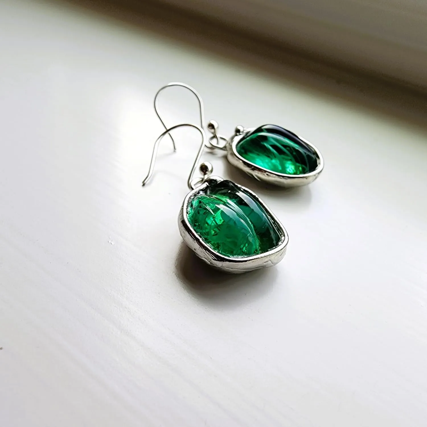 Green Glass Earrings for Women, Vintage Nugget Bead, .925 Sterling Silver Ear Wires, Artisan Hand Crafted by Bayou Glass Arts