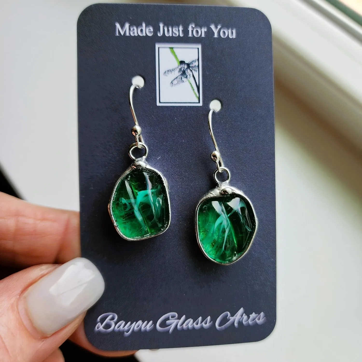 Green Glass Earrings for Women, Vintage Nugget Bead, .925 Sterling Silver Ear Wires, Artisan Hand Crafted by Bayou Glass Arts